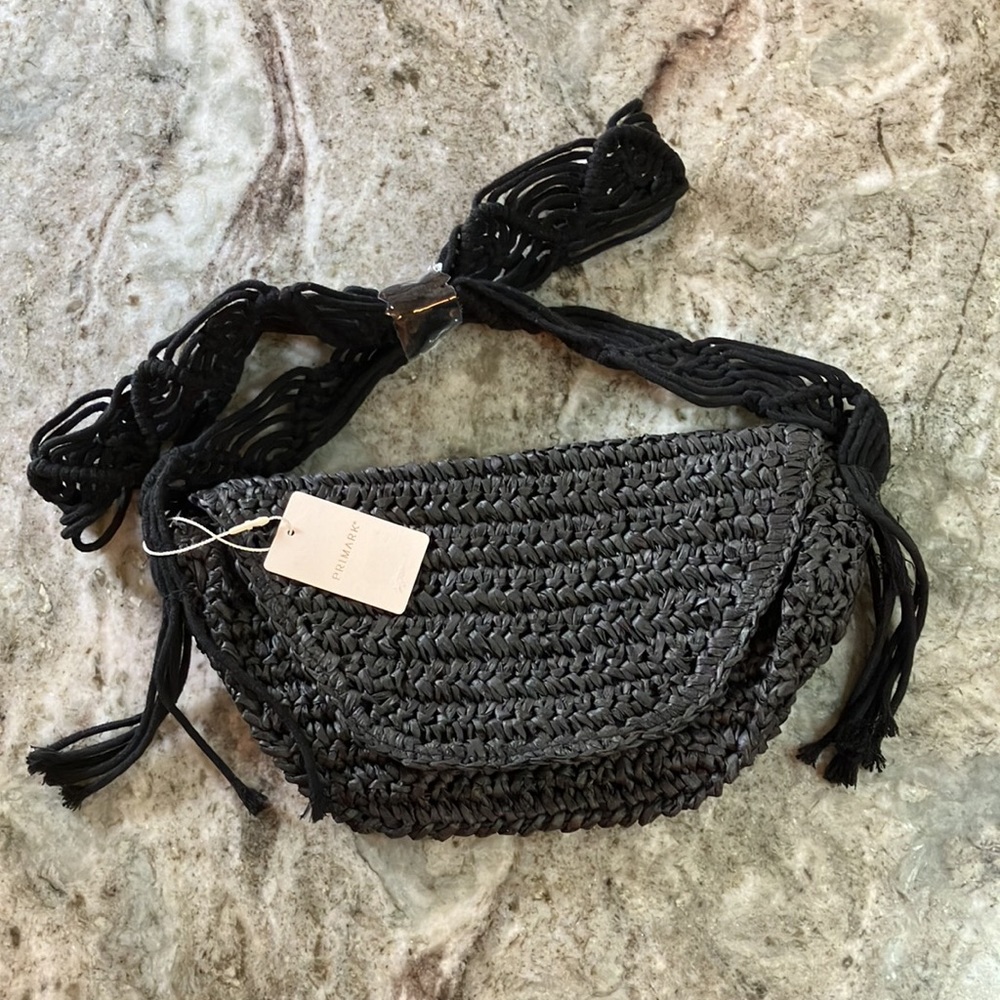 Raffia Macrame Shoulder Strap Crossbody Bag Black NWT - Picture 2 of 7